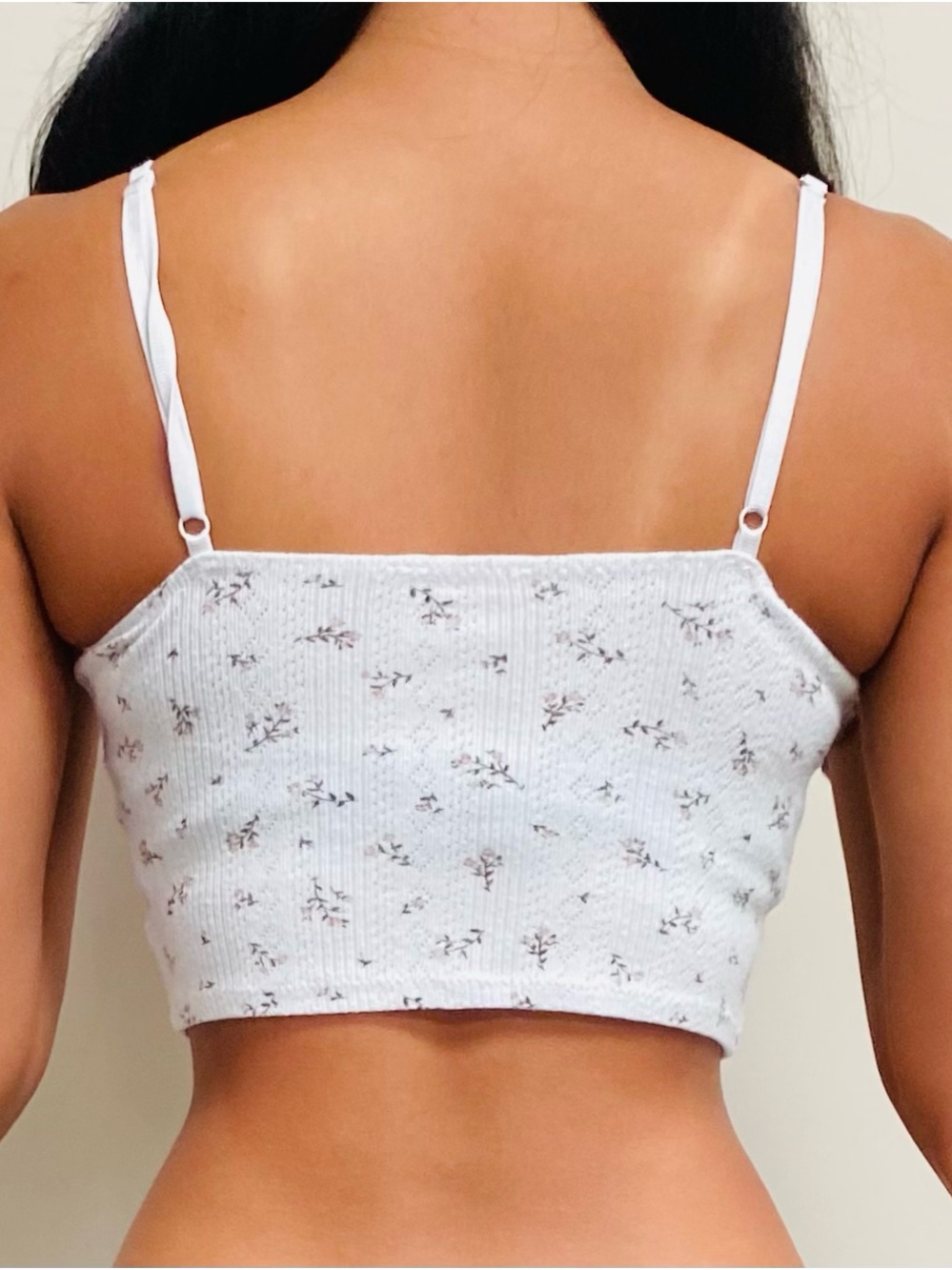 White Cropped cami tank top with Pink Floral Print and Rose Accent - Picture 2 of 7